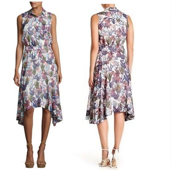 Grey Jason Wu Sz 8 Multicolor Floral Print Sleeveless Midi Dress Asymmetrical - Picture 1 of 13